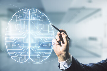 Wall Mural - man hand with pen working with virtual creative artificial intelligence hologram with human brain sk