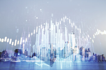 Double exposure of abstract creative financial chart hologram on New York skyscrapers background, research and strategy concept