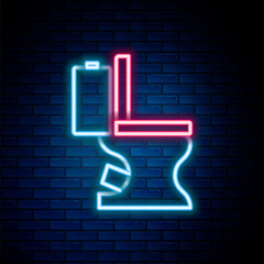 Sticker - Glowing neon line Toilet bowl icon isolated on brick wall background. Colorful outline concept. Vector