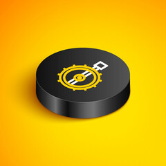 Canvas Print - Isometric line Trap hunting icon isolated on yellow background. Black circle button. Vector