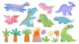 Fototapeta Dinusie - Set with little cute dinosaurs. Collection in cartoon style with funny dinos, trees and volcano on white background. Brontosaurus, velociraptor, triceratops, tyrannosaurus rex, pteranodon, parasaurolo