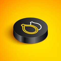 Poster - Isometric line Pumpkin seeds icon isolated on yellow background. Black circle button. Vector