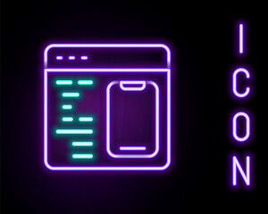 Glowing neon line Software, web developer programming code icon isolated on black background. Javascript computer script random parts of program code. Colorful outline concept. Vector