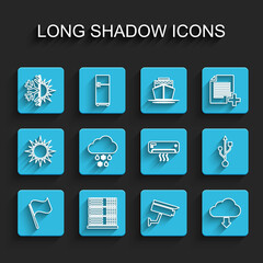 Poster - Set line Flag, Server, Data, Web Hosting, Sun and snowflake, Security camera, Cloud download, with rain, USB and Air conditioner icon. Vector