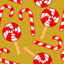Simple Christmas Seamless Pattern With Candy. Lollipops Swirls With Striped Red And White Ornament On Gold Background.