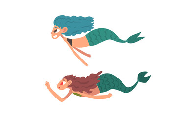 Sticker - Mermaid or Seamaid with Lush Hair Floating Underwater Vector Set