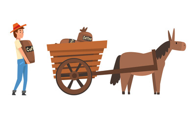  Coffee Production with Man Farmer Carrying Heavy Sack with Coffee Beans in Wagon Vector Set