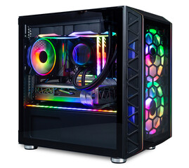 Wall Mural - black custom gaming pc computer with glass windows and colorful bright rgb rainbow led lighting isolated white background