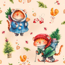 Seamless New Year Christmas Pattern With Watercolor   Tiger Character, Cat With Gifts And Christmas Tree, Symbol Of 2022 
