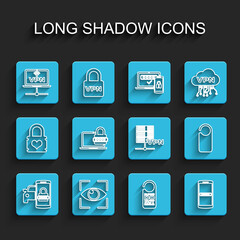  Set line Smart car security system, Eye scan, VPN Computer network, Please do not disturb, Mobile and password, Laptop with, and Server icon. Vector