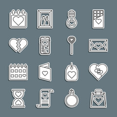 Sticker - Set line Shopping bag with heart, Healed broken, Envelope Valentine, Heart shape light bulb, Mobile, Broken, Calendar and Lollipop icon. Vector