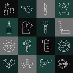 Canvas Print - Set line Trap hunting, Compass, Hunter knife, Dog, Bottle of vodka, Paw print and Flashlight icon. Vector