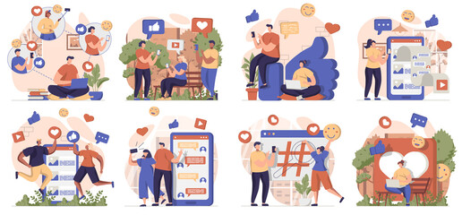 Aufkleber - Social network collection of scenes isolated. People browsing posts, like, chatting online at apps, set in flat design. Vector illustration for blogging, website, mobile app, promotional materials.