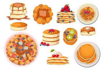 Set of Fresh Hot Pancakes with Different Toppings. Pancakes on White Plate, Baking with Maple Syrup or Honey, Berries