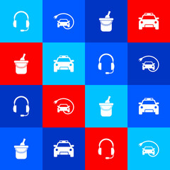 Sticker - Set Headphones with microphone, Electric car, Bottle of wine in bucket and Police and flasher icon. Vector