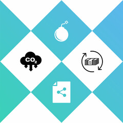 Sticker - Set CO2 emissions in cloud, Share file, Bomb ready to explode and Refund money icon. Vector