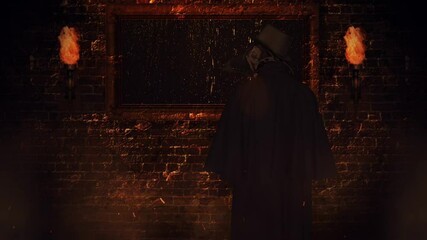 Wall Mural - plague doctor with torches watching storm 4k loop features a plague doctor in a brick room looking o