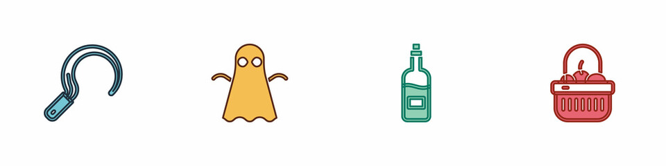 Sticker - Set Sickle, Ghost, Bottle of wine and Basket and food icon. Vector