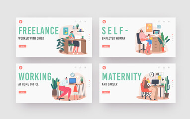 Wall Mural - Maternity and Career Landing Page Template Set. Business Mom Working at Home. Mother with Kids Sitting at Desk Working