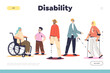 Disability landing page with group of disabled handicapped young people on wheelchair, with crutches