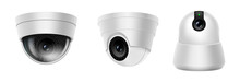Digital Security Camera Or Cctv Spy Home Secure Equipment. Realistic Dome Cam Set