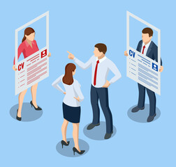 Isometric hiring and recruitment concept. HR job seeking. Online job search, human resource concept. Infographics of Business data visualization. Job interview, recruitment agency