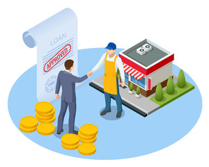 Wall Mural - Isometric small business loan form financial concept. Shop that get loans from bank without collateral