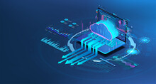 Cloud Storage With Laptop In Isometric. Data Center With Data Exchange For Hosting Or Cloud Service. App Or Network With Computing Technologies. Saas, Networks, Softs, Programs. Vector Banner
