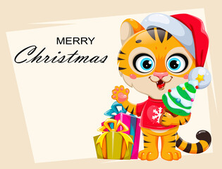 Wall Mural - Cute cartoon character tiger in Santa hat