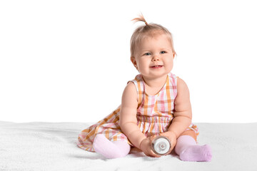 Sticker - Cute baby girl with bottle of water on white background