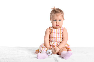 Sticker - Cute baby girl with bottle of water on white background