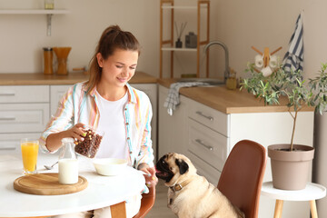 Wall Mural - Young woman with cute pug dog having breakfast in kitchen