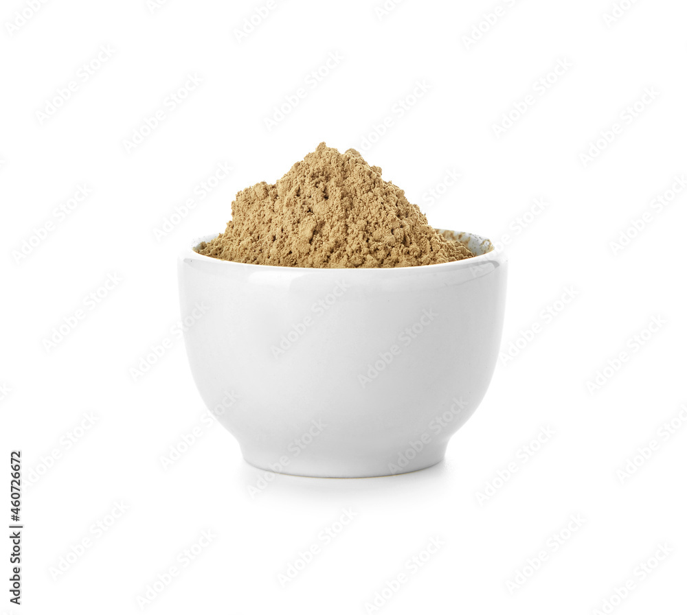 Bowl with hojicha powder on white background