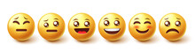 Emoji Smileys Character Vector Set. Smiley 3d Emojis In Happy And Sad Face Reactions Isolated In White Background For Emoticon Characters Design Collection. Vector Illustration.
