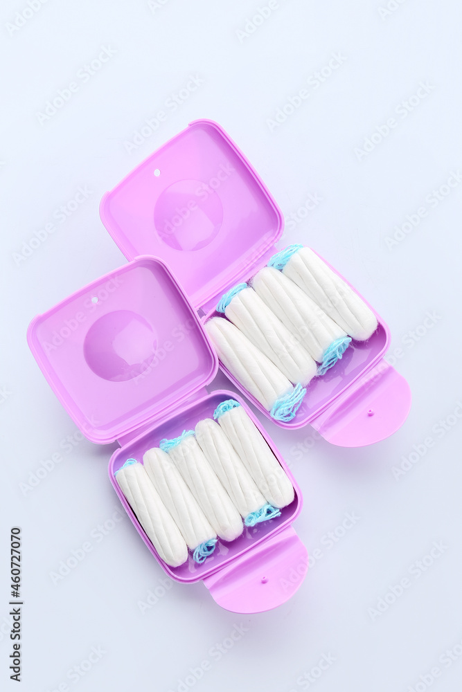 Tampons storage box on light grey background