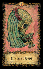 Wall Mural - Queen of cups. Minor Arcana tarot card with skull over antique background.