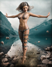 Portrait Of A Levitating Exotic Fantasy Female Druid Sorcerer With Long Brown Hair Displaying Her Explosive Magical Power.Fantasy Illustration With A Lake And Mountainous Background. 3d Rendering