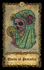 Wall Mural - Queen of pentacles. Minor Arcana tarot card with skull over antique background.