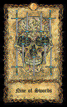 Nine Of Swords. Minor Arcana Tarot Card With Skull Over Antique Background.