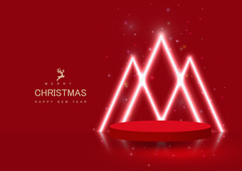 Stage podium decorated with neon lighting triangle shape like trees.Abstract Christmas mock-up scene. Red 3d circle pedestal for a product, show, award, winner on a red background.Vector illustration.
