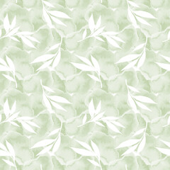 Wall Mural - Floral background with white leaves watercolour in hand drawn style. White leaves seamless pattern on Texture Watercolour. Foliage background for paper, textile, wrapping and wallpaper.