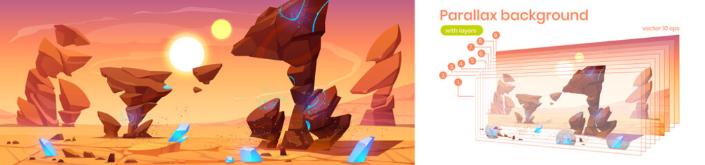 Parallax background alien planet 2d landscape in space, fantasy cosmic land with rocks, blue crystals, two suns on sky. Martian extraterrestrial computer game backdrop, cartoon separated vector layers