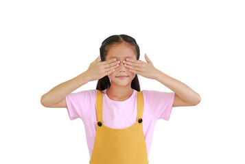 Wall Mural - Asian little girl kid covering eyes with hands isolated on white background