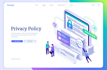 privacy policy isometric landing page, data protection, digital security, personal confidential info