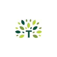t letter tree leaf nature mark green logo vector icon illustration