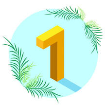 The Number 7 Is Isometric Style With A Shadow In A Blue Circle, Decorated With Tropical Leaves. Illustration