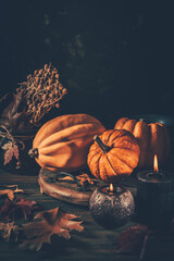 Sticker - Still life for Thanksgiving with pumpkins and autumn leaves