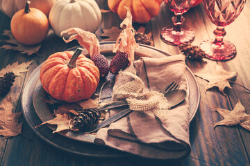 Sticker - Place setting for Thanksgiving with pumpkins and autumn leaves