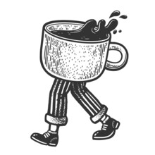 Walking Espresso Coffee Cup Sketch Engraving Vector Illustration. T-shirt Apparel Print Design. Scratch Board Imitation. Black And White Hand Drawn Image.