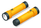 Fototapeta  - Isometric yellow plastic torch flashlight isolated on white background. Light source for individual use.